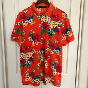 RLX Ralph Lauren Polo Shirt Mens XL Red Floral Tropical Hawaiian Elastane